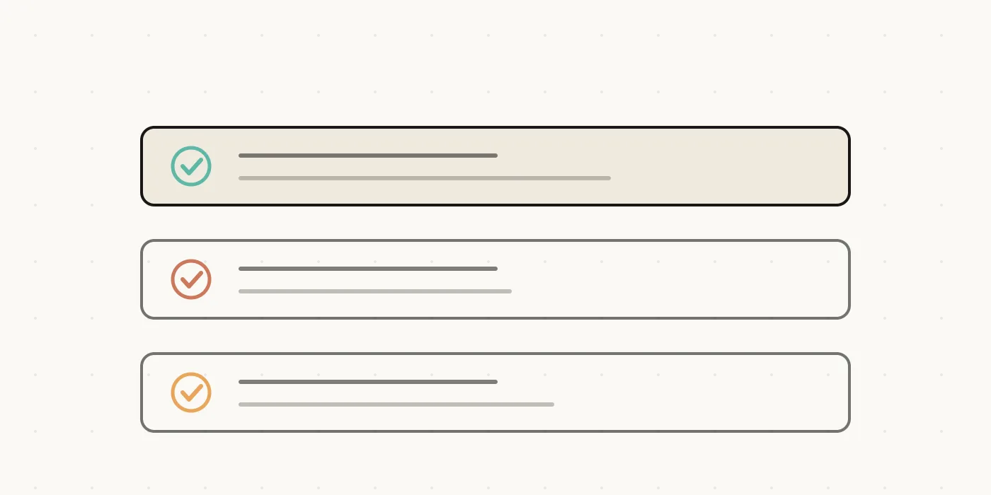 Abstract comparison rows with teal, coral and amber check circles representing ranked agencies