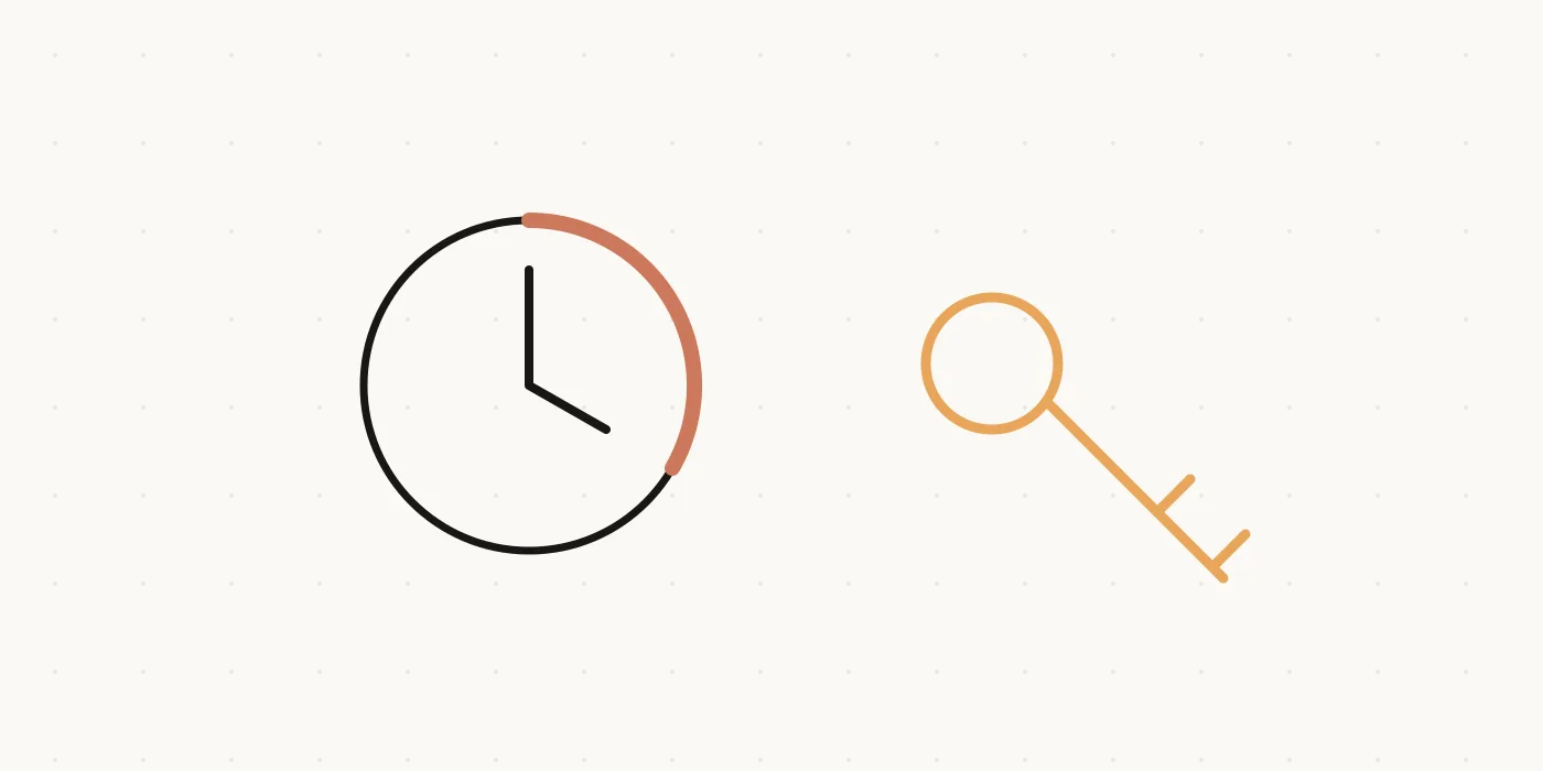 A clock with a coral arc marking twelve minutes beside an amber key, symbolizing how fast exposed secrets are found