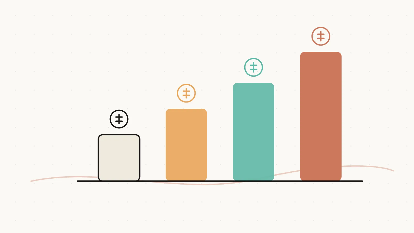 Illustration of ascending price bars with coral, amber and teal accents